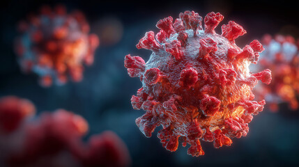 A highly detailed 3D rendering of the COVID-19 virus in a microscopic view.