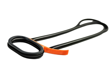 Black resistance band with orange clip equipment for fitness on transparent background
