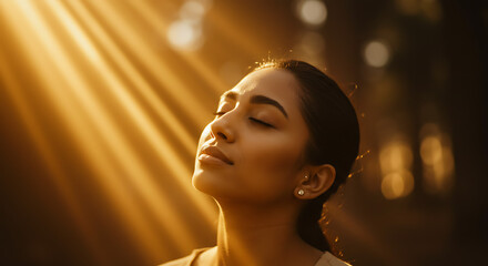 Person embracing a golden beam of light, eyes closed and soft expression
