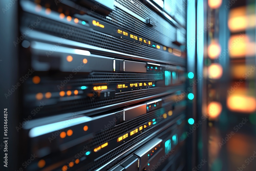 Poster close up of server racks with glowing indicator lights in a modern data center, ideal for illustrati