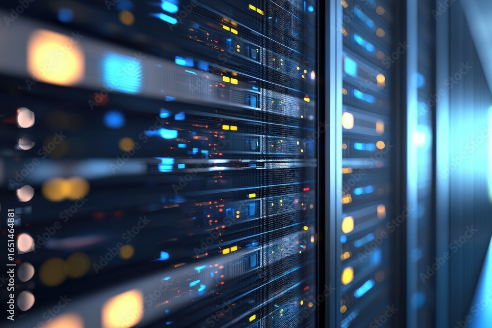 Aufkleber modern data center server racks with glowing blue and orange indicator lights, ideal for illustratin