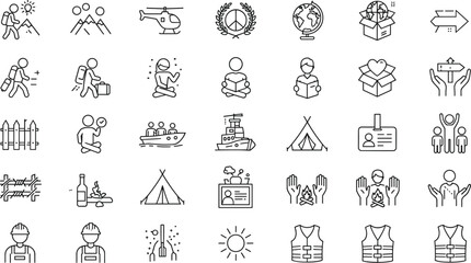 Refugee and humanitarian aid icons set, outline vector illustration for social issues, global migration, and human rights support graphics