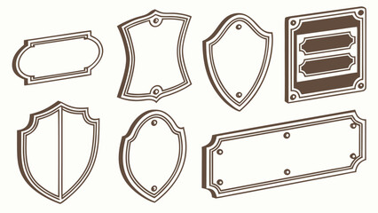 Vector Illustration Set of 8 Vintage Blank Metal Nameplates and Labels in Brown and Beige with Various Shapes and Ornate Designs for Signage and Branding