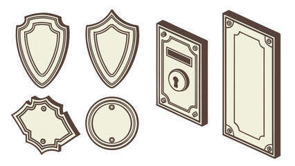 Vector Illustration Set of 8 Vintage Blank Metal Nameplates and Labels in Brown and Beige with Various Shapes and Ornate Designs for Signage and Branding