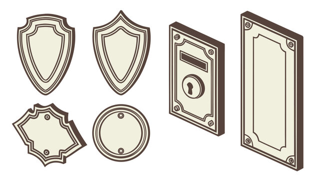 Vector Illustration Set of 8 Vintage Blank Metal Nameplates and Labels in Brown and Beige with Various Shapes and Ornate Designs for Signage and Branding