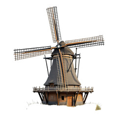 Traditional Dutch windmill with wooden blades, isolated on a white background