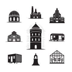 Fototapeta premium Vector silhouette icons of European architecture for a set of buildings