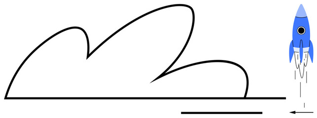 Rocket climbs past minimalist cloudline in motion, representing upward growth, innovation, new beginnings. Ideal for business progress, startup launch, goals, vision, exploration simple flat