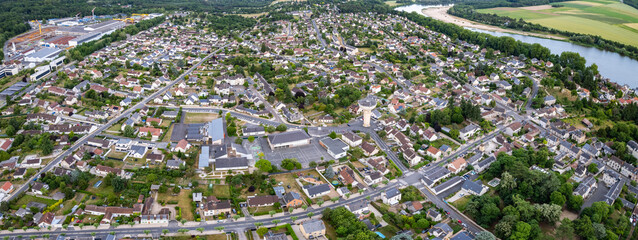  Panorama aerial view of the old town of the city Châteauneuf-sur-Loire in France on a sunny noon...