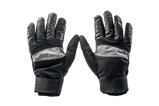 Pair of black winter gloves ready for adventure on transparent background