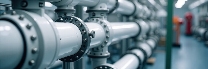 Industrial pipes installation displays complex arrangement with numerous pipe fittings and connections. Piping system is essential for fluid or gas transport within factory, refinery,