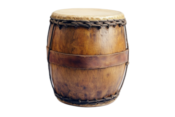 Authentic wooden drum, ethnic percussion instrument isolated on transparent background