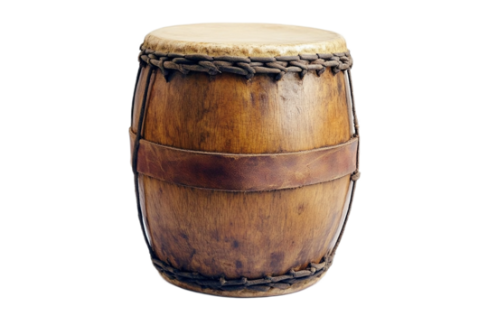 Authentic wooden drum, ethnic percussion instrument isolated on transparent background