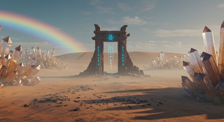 Mysterious ancient stone archway with glowing blue symbols in a desert landscape with crystals and a rainbow