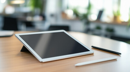 Photograph of a modern tablet with a blank white screen placed on a sleek wooden desk. A stylus rests beside it, and a blurred background features a minimalist office with soft natural lighting.