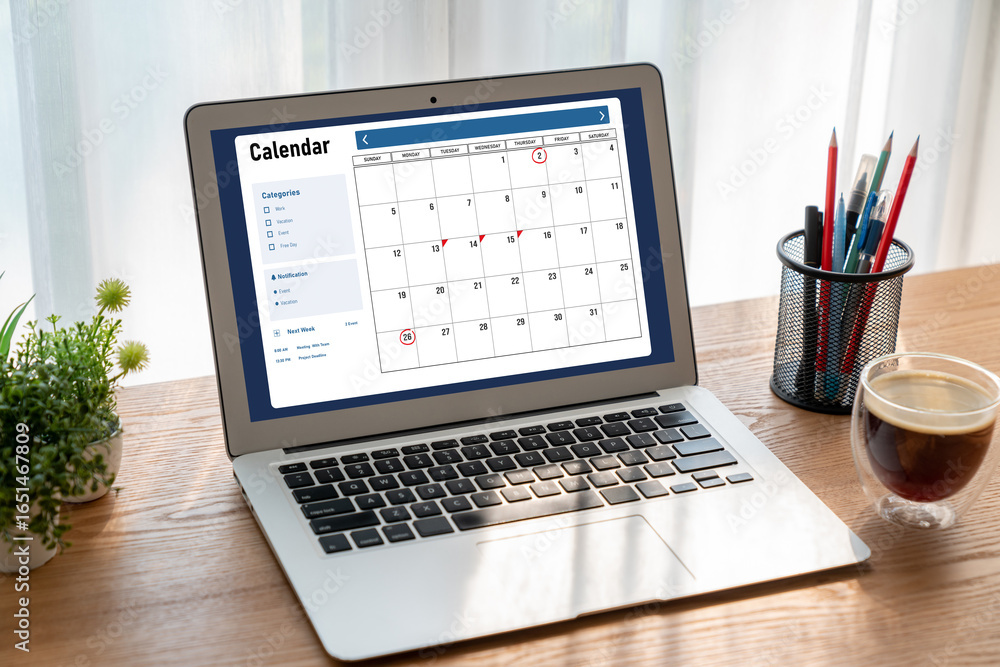 Poster calendar on computer software application for modish schedule planning for personal organizer and on