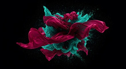 Dynamic explosion of vibrant pink and turquoise liquid paint and fabric swirling and splashing against a black background, creating an abstract and energetic composition
