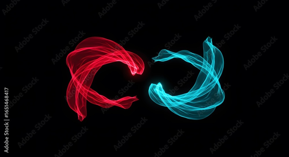 Poster two swirling vortexes of red and blue light particles create an abstract, energetic, and dynamic vis