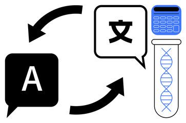 Speech bubbles with text, circular arrows, calculator, DNA strand. Ideal for translation, science, technology, communication education AI innovation cross-cultural exchange. Minimalistic flat