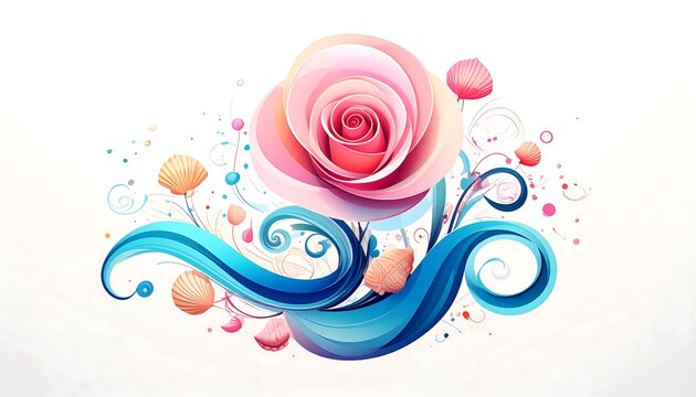 Decorative rose and seashell design with flowing patterns.