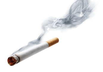Burning cigarette with smoke isolated on transparent background, unhealthy habit