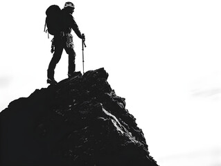 Ultra detailed product style photo of Silhouette of success climber on mountain peak achievement concept isolated on transparent background, studio product photo on a clean white background, isolated