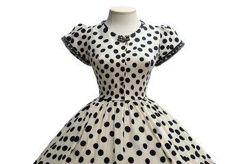 Elegant black polka dot dress with lace trim on transparent background