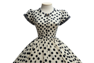 Elegant black polka dot dress with lace trim on transparent background