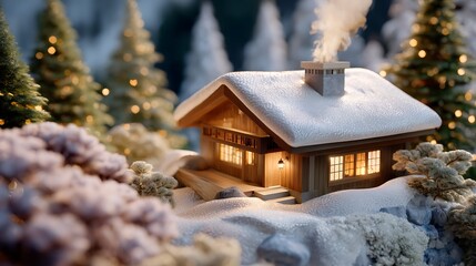 Naklejka premium Cozy wooden cabin in snow with smoke from chimney and festive trees