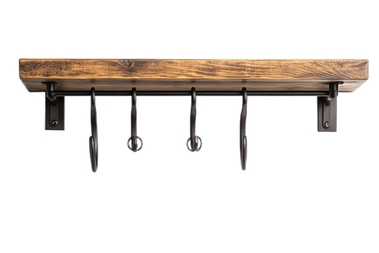 Rustic wooden shelf with black hooks attached on transparent background