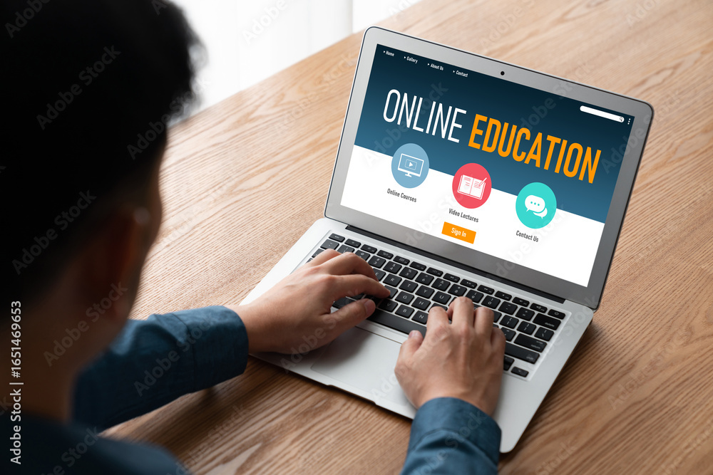 Poster e-learning website with modish sofware for student to study online on the internet network