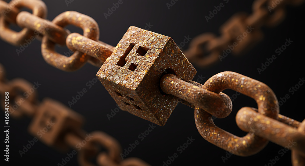 Fototapete a rusty chain with a cube-shaped link, representing blockchain technology.