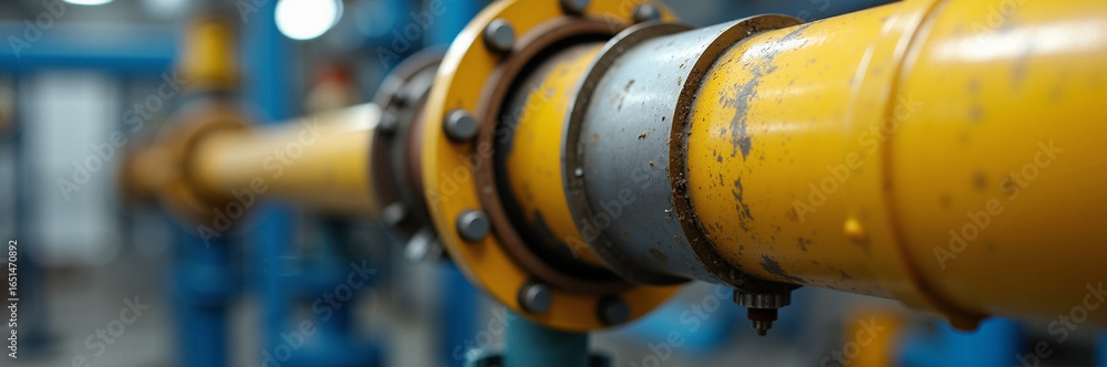 Poster industrial pipeline system with yellow pipe and blue components. close-up image shows details of ind