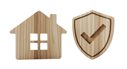 Wooden House and Shield with Security Checkmark Icon Cut Out PNG.