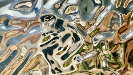 abstract liquid glass distortion with metallic gold and green reflections creating surreal organic...