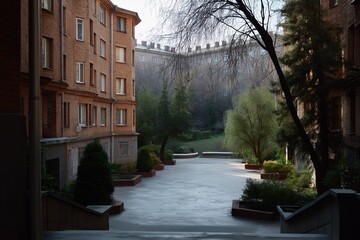 Obraz premium Serene urban courtyard with red brick buildings and lush greenery at dusk