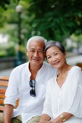 Obraz premium Elderly asian couple smiling together on park bench