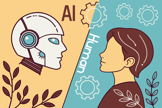 An illustration contrasting AI and humanity, highlighting technological progress and humanistic values in a modern, dualtoned style.