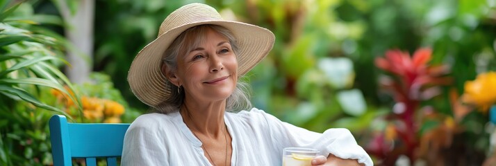 Mature caucasian woman relaxing in garden with drink and sun hat