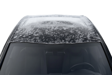 Car roof covered in light snow, overhead view on transparent background
