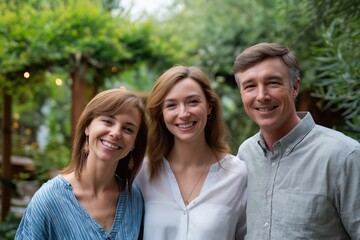 Obraz premium Caucasian family smiling outdoors: portrait of two females and one male, adults in garden setting