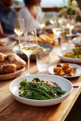 Outdoor dining with wine and delicious spread of savory dishes and fresh vegetables