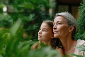 Naklejka premium Caucasian female elderly and young girl admiring nature together in lush garden