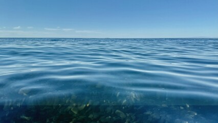 serene ocean surface with gentle ripples under clear blue sky ideal for background or calming...