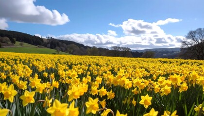 A vast field of daffodils under a bright blue sky.