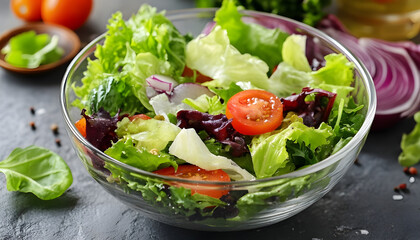healthy food. Chopped salad in glass container