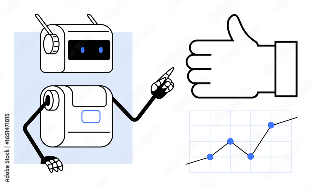 Poster robot pointing to a line graph with increasing points, a thumbs-up illustrating success and growth. 