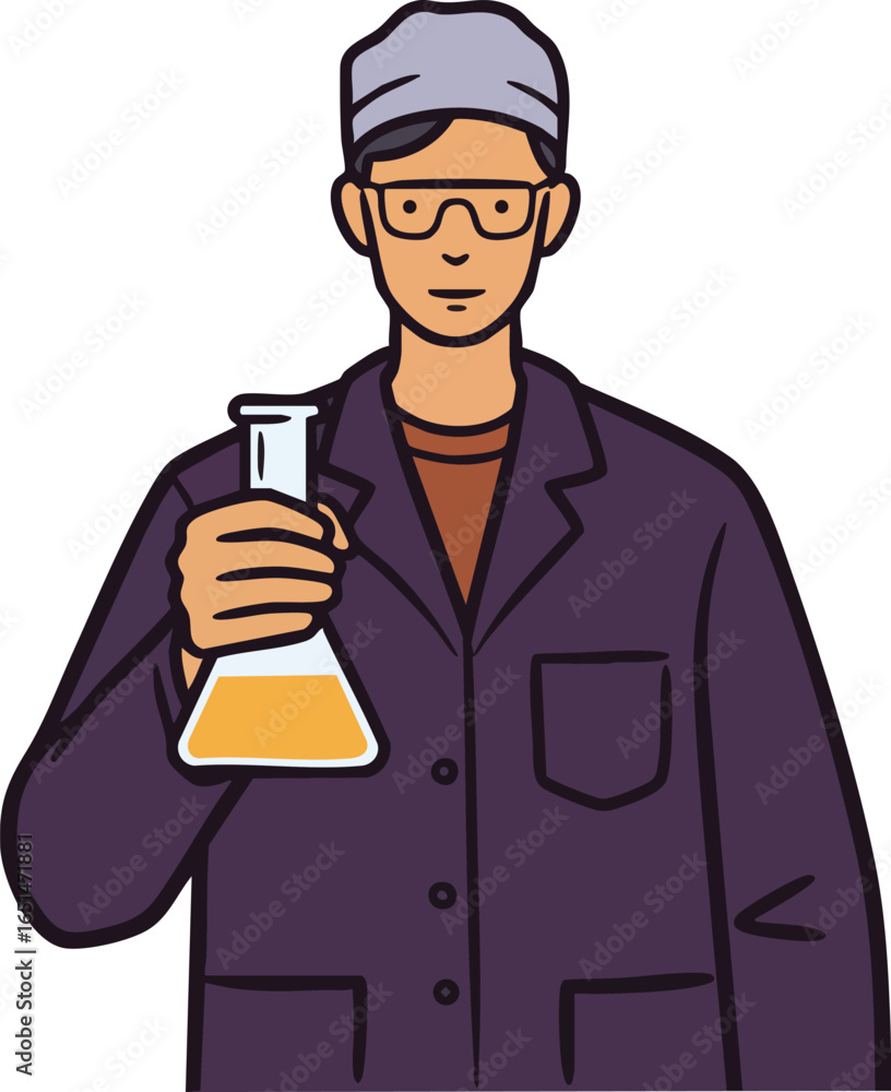 Poster scientist holding laboratory flask in lab coat and cap vector illustration for science and research 