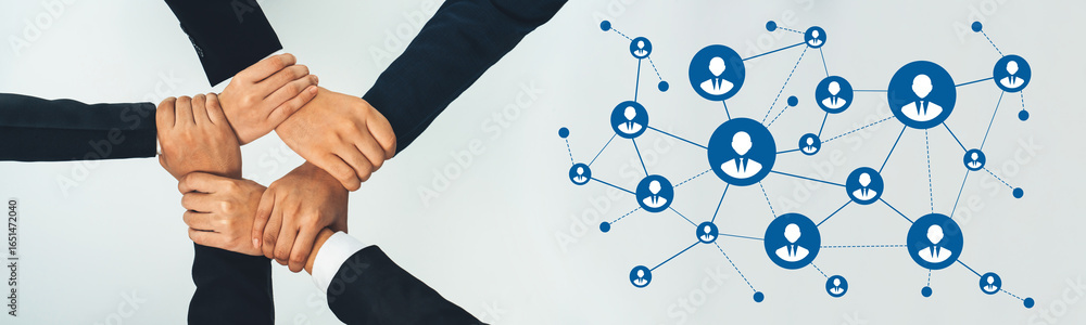 Poster a visual representation of collaborative networking showcasing diverse hands joined together along w