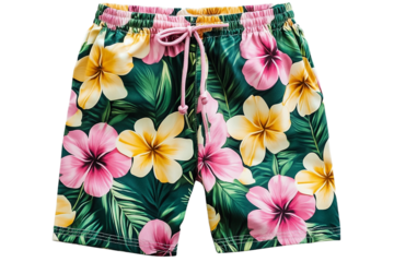 Floral summer swim trunks with tropical hibiscus pattern on transparent background
